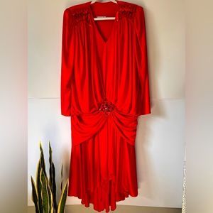 Vintage 80s Lizzy & Johnny by Lucero Cherry Red Long Sleeve & Sequin Dress Sz 10